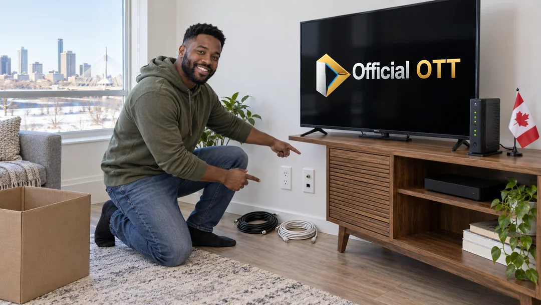 Man checking accessible outlets and cables beside a television in a newly moved home