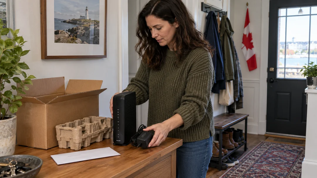Hands arranging a modem and power adapter beside an open return carton
