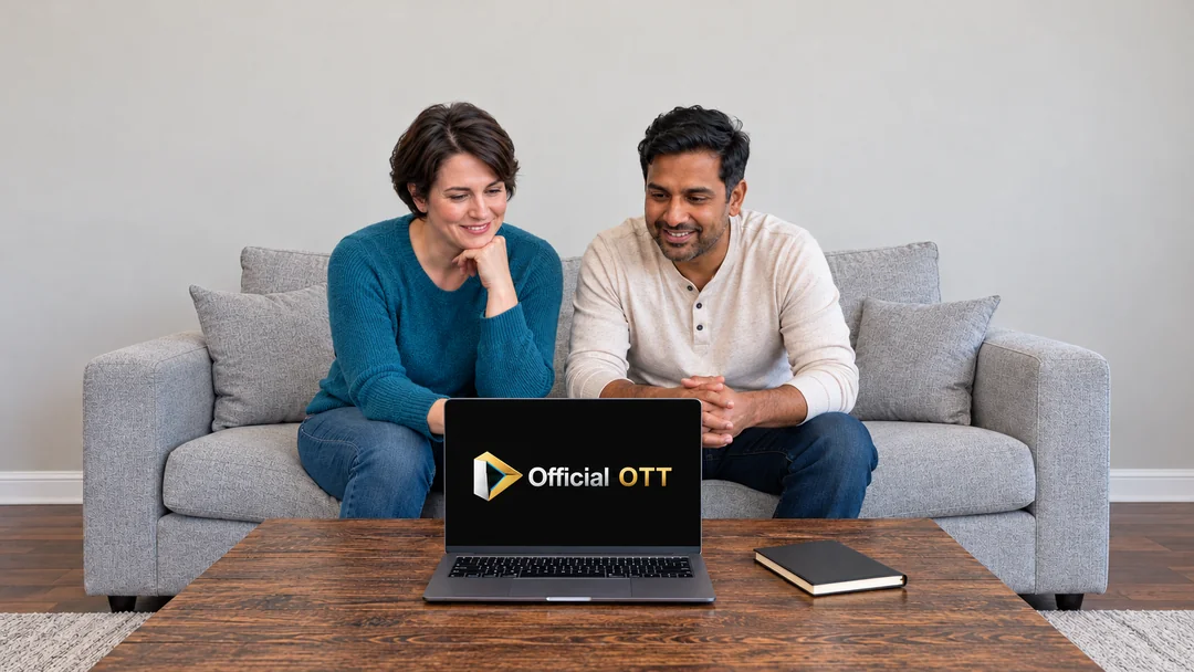 Two adults choose a view on a computer in their living room