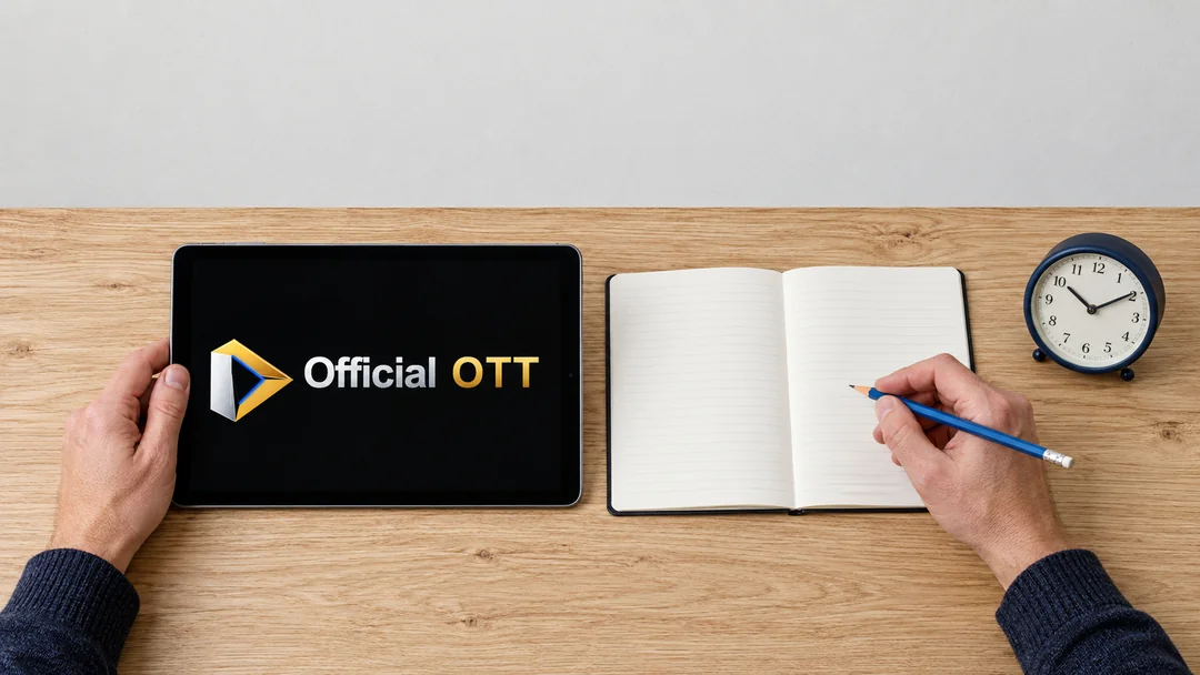 Hands arrange a notebook and small clock beside a tablet