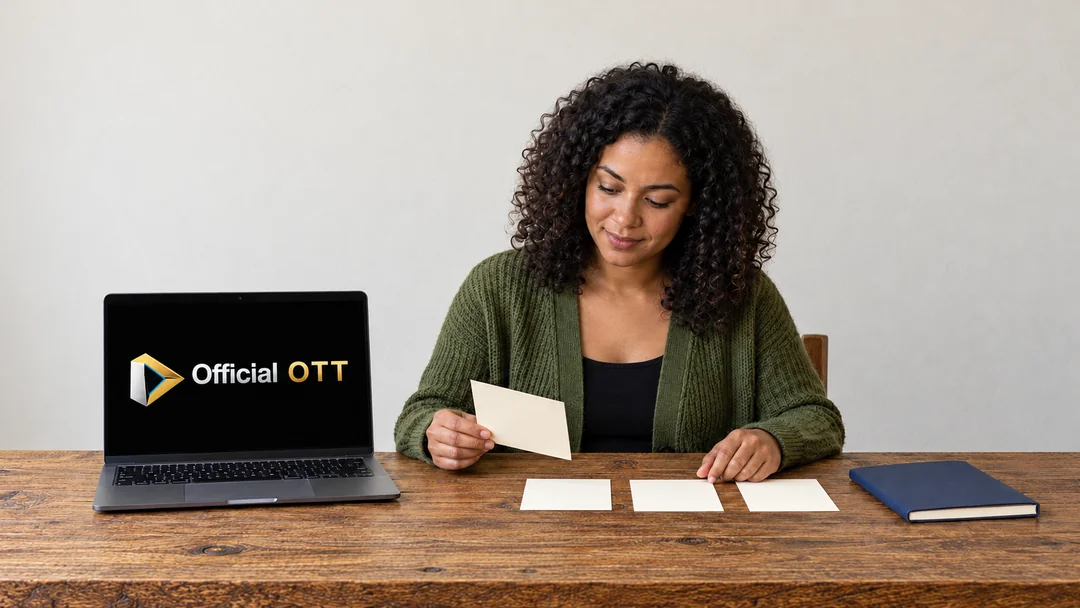 An adult compares blank cards and a notebook beside a computer