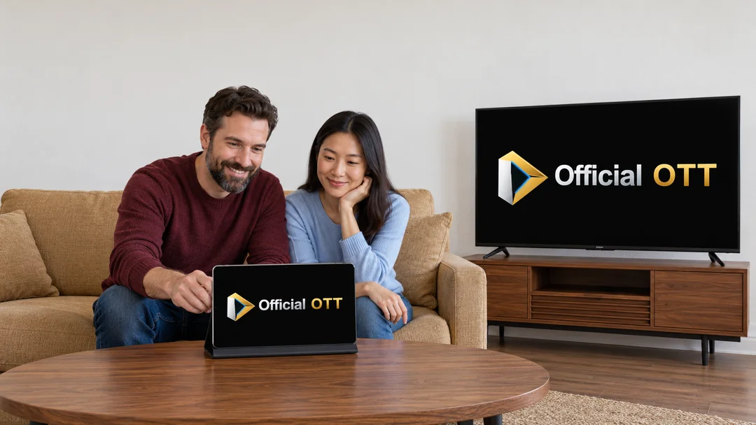 Two adults prepare a tablet on a coffee table near a television