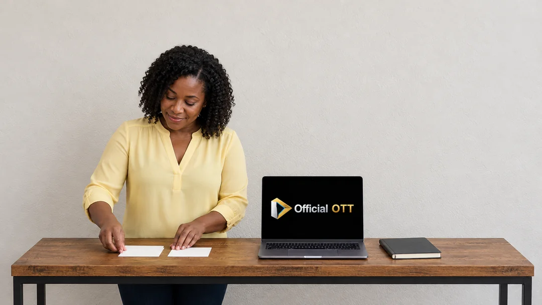 An adult organises notes beside a computer on a console table