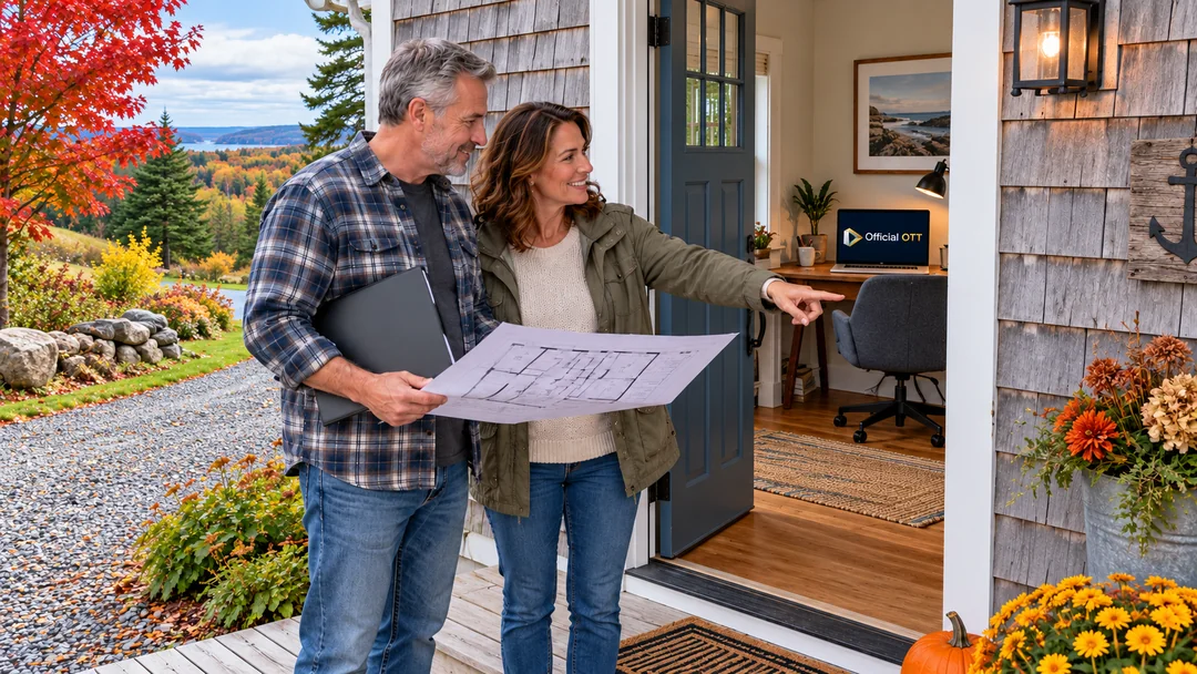 Un couple consultant un plan de logement près de la porte d’une maison rurale