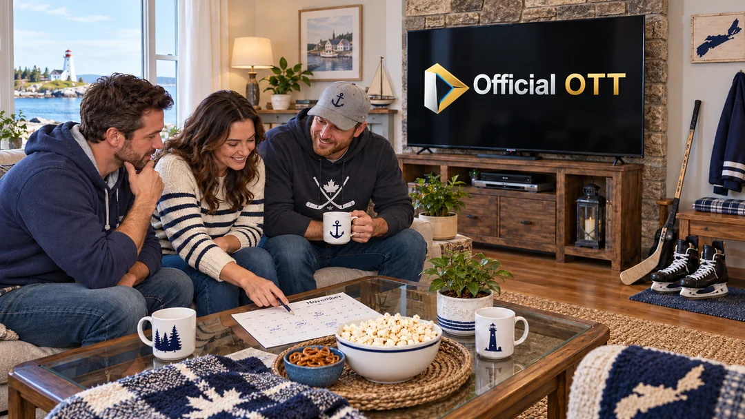 Trois adultes préparant une soirée hockey avec un calendrier près de la télévision
