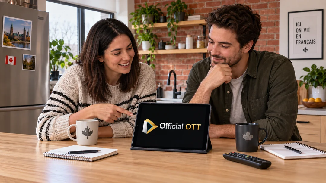 Deux adultes comparant leurs choix de programmes autour d’une tablette