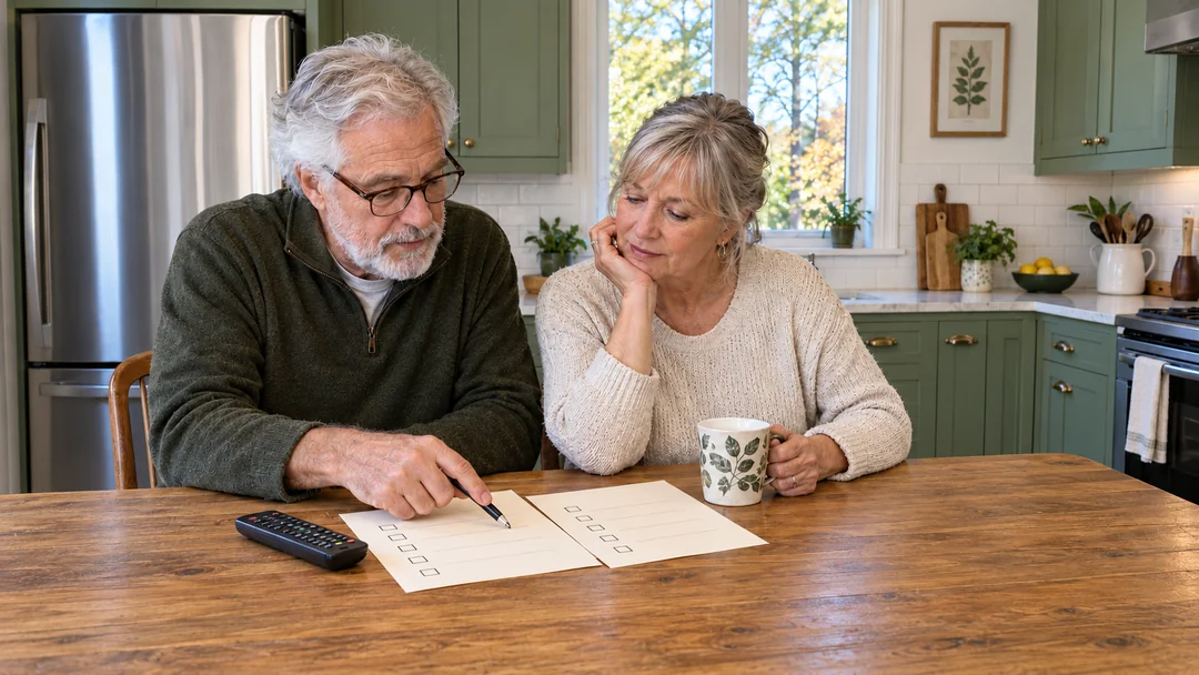 Deux adultes relisant une fiche de comparaison à une table de cuisine