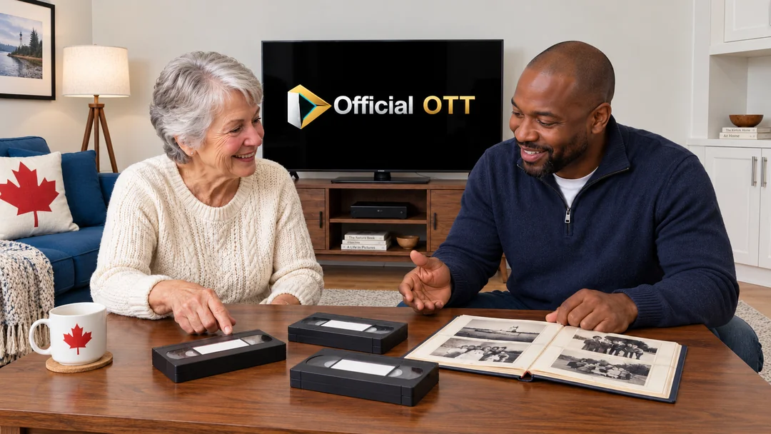 Two adults discussing videotapes and a photograph album in front of a television