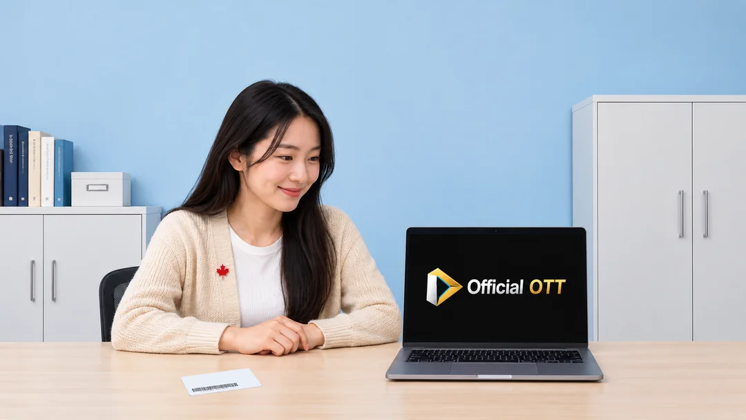 A woman at a laptop with a library card on the table
