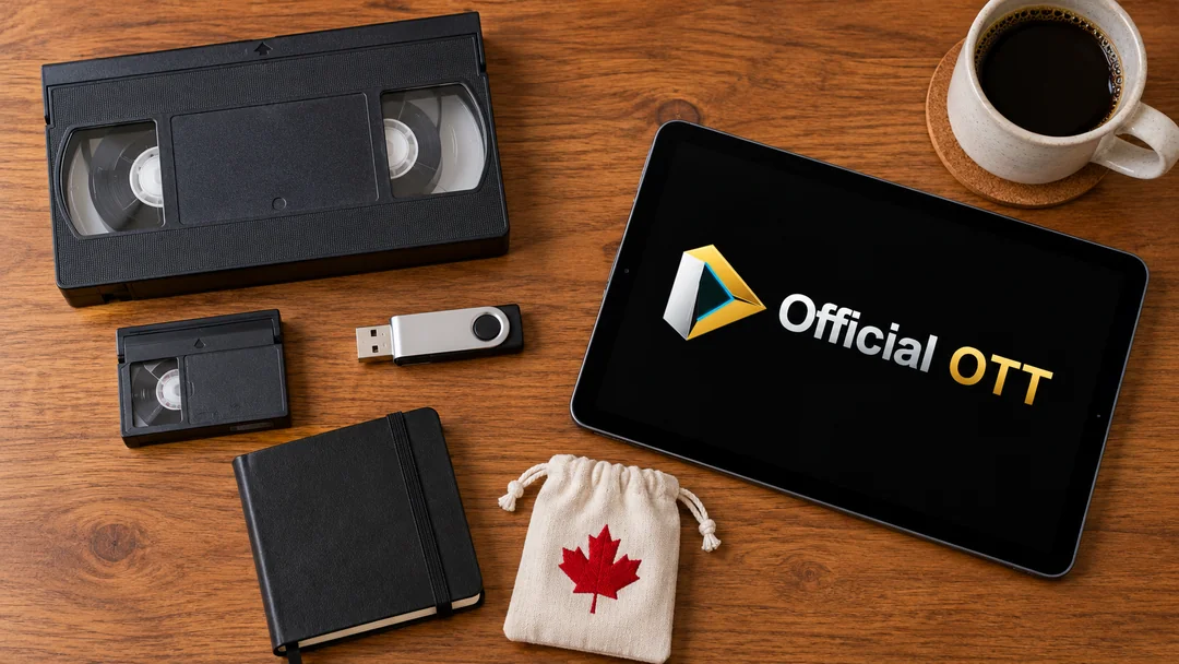 An overhead view of a VHS tape, smaller cassette, USB drive, notebook and tablet