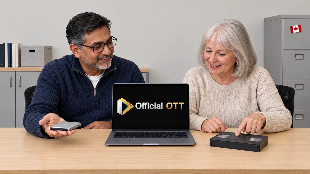 Two adults comparing an external drive and videotape beside a laptop