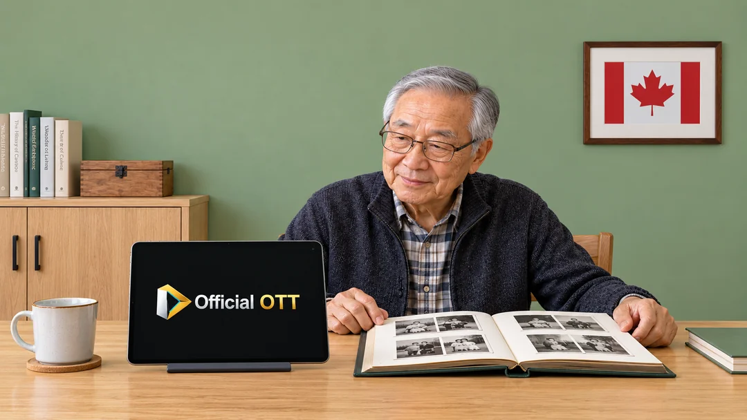 A man beside a tablet and photograph album in a green room
