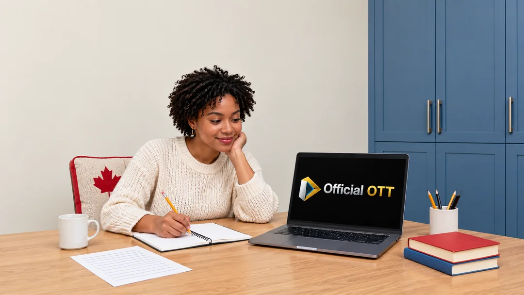 A woman taking notes beside a laptop in a home office with a blue cabinet