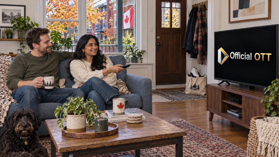 Two adults choosing a programme in a living room with a television and Canadian details