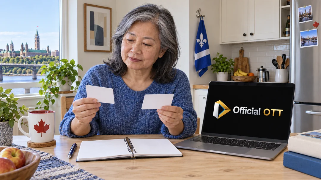 A woman comparing two fictional cards beside a laptop