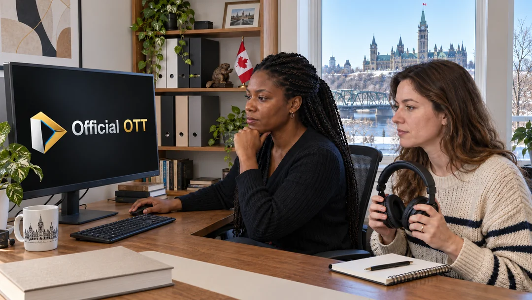 Two women at a computer, one holding headphones