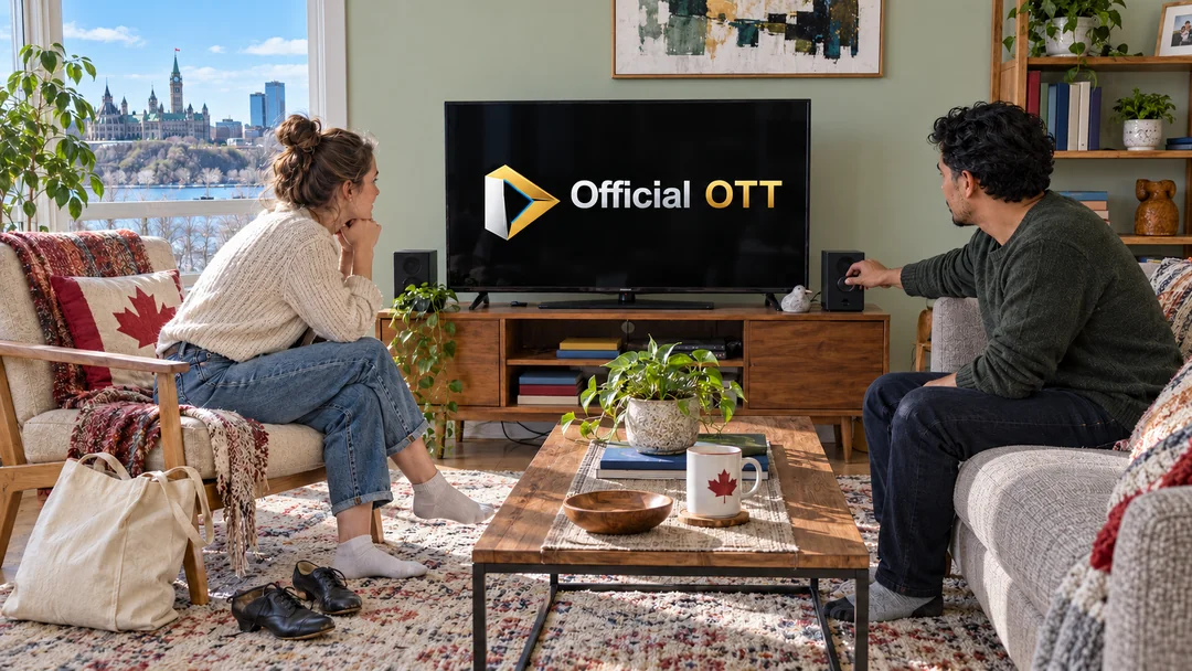 A couple beside a television, with dance shoes near an armchair