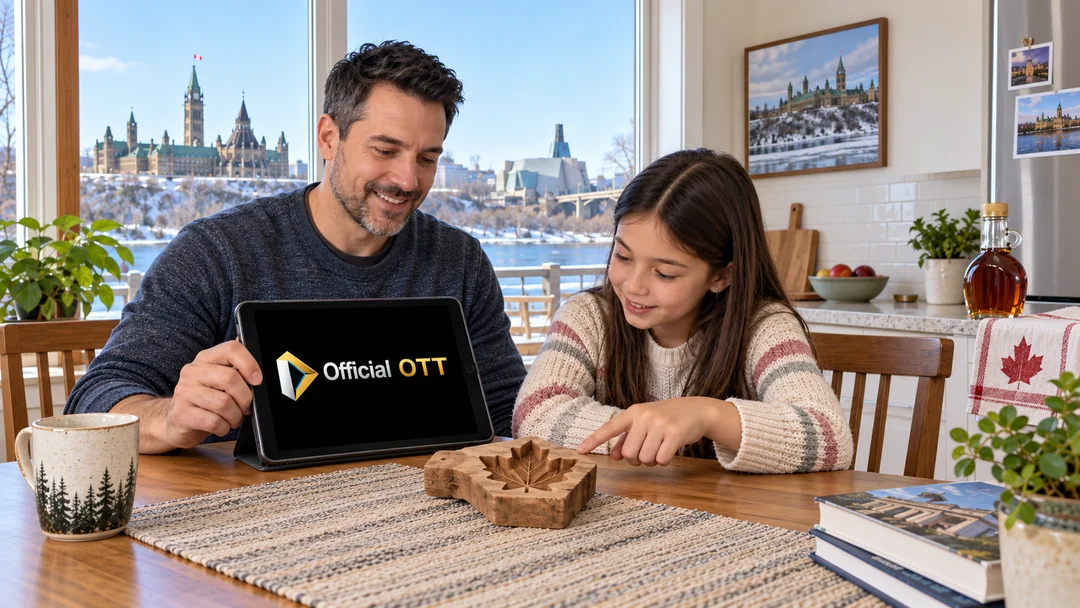 A father and daughter examining a fictional maple-leaf sugar mould beside a tablet
