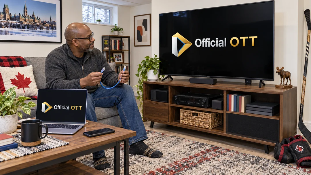 A man holding both ends of an Ethernet cable near a television and laptop
