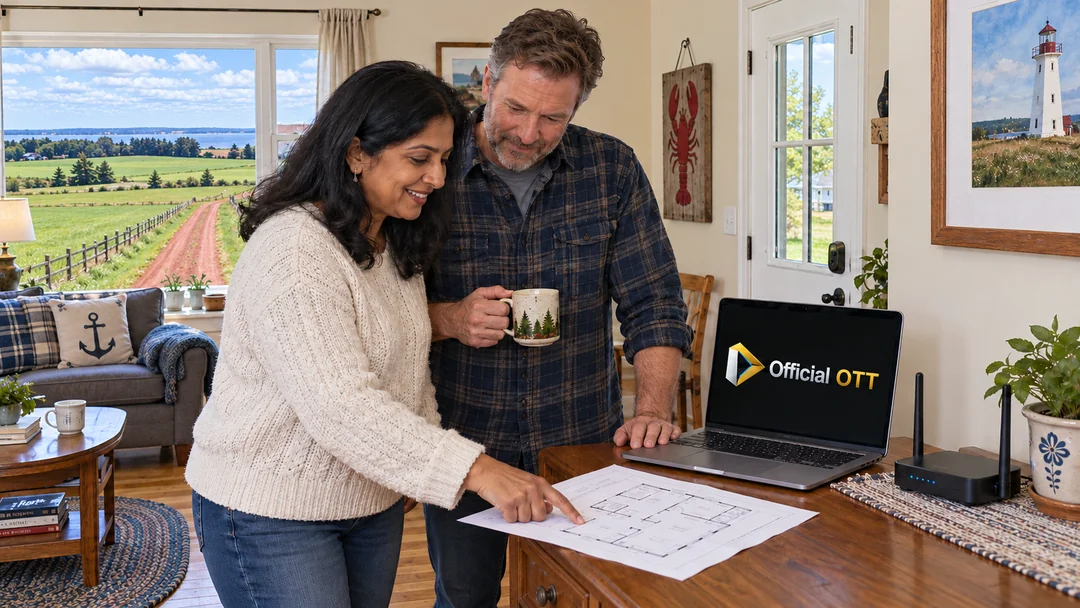 Two adults preparing a connection enquiry in a Prince Edward Island home