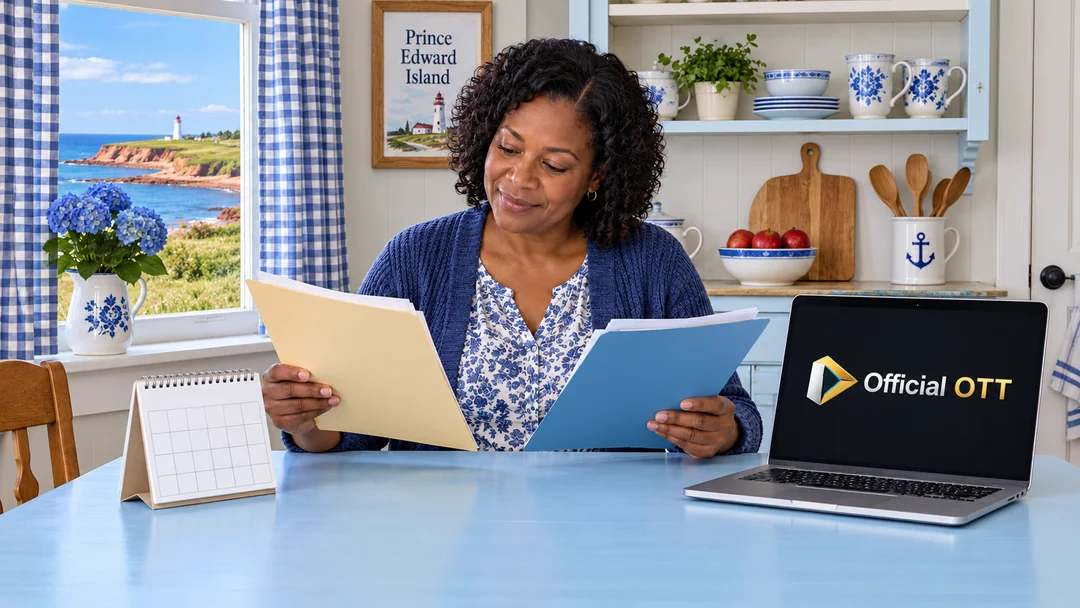A woman comparing dated documents with a computer at a kitchen table