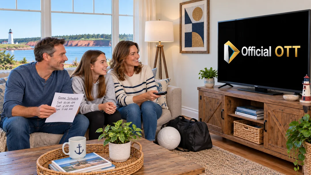 A family preparing to watch school sports with a volleyball near the television