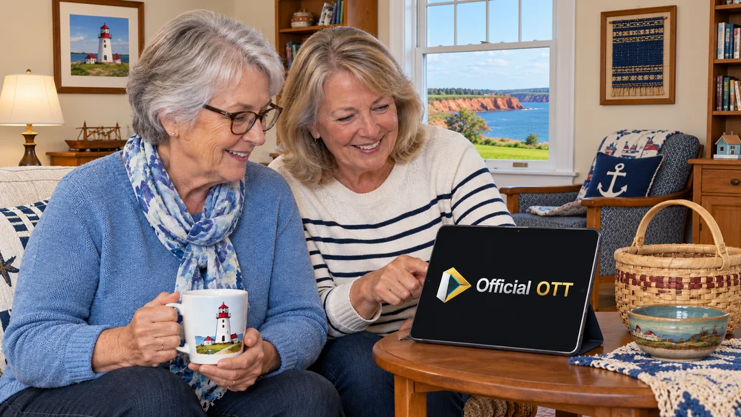 Two adults choosing local programmes on a tablet beside handmade objects