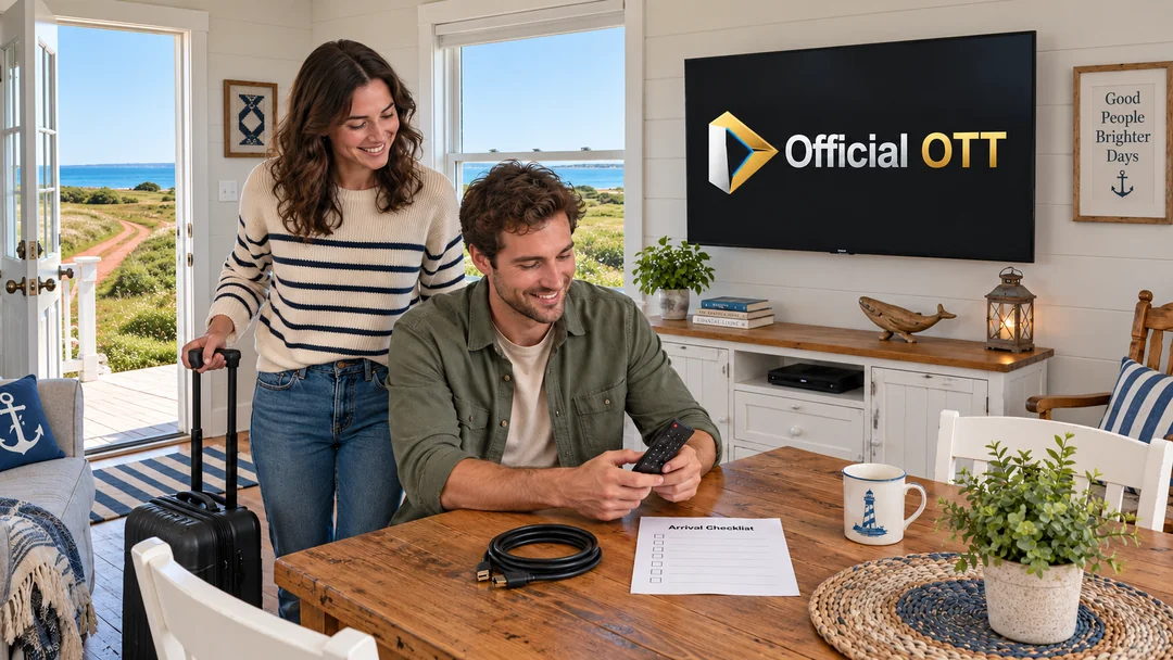 A couple preparing devices and an arrival note in a seasonal home