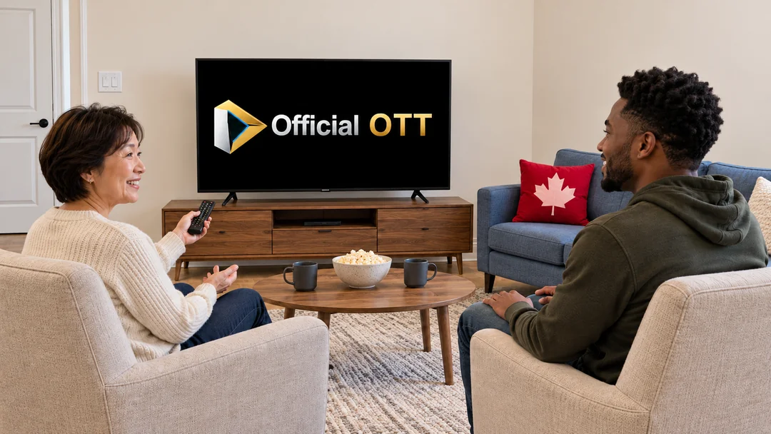 Two adults talking in front of a television in a living room with a maple-leaf cushion