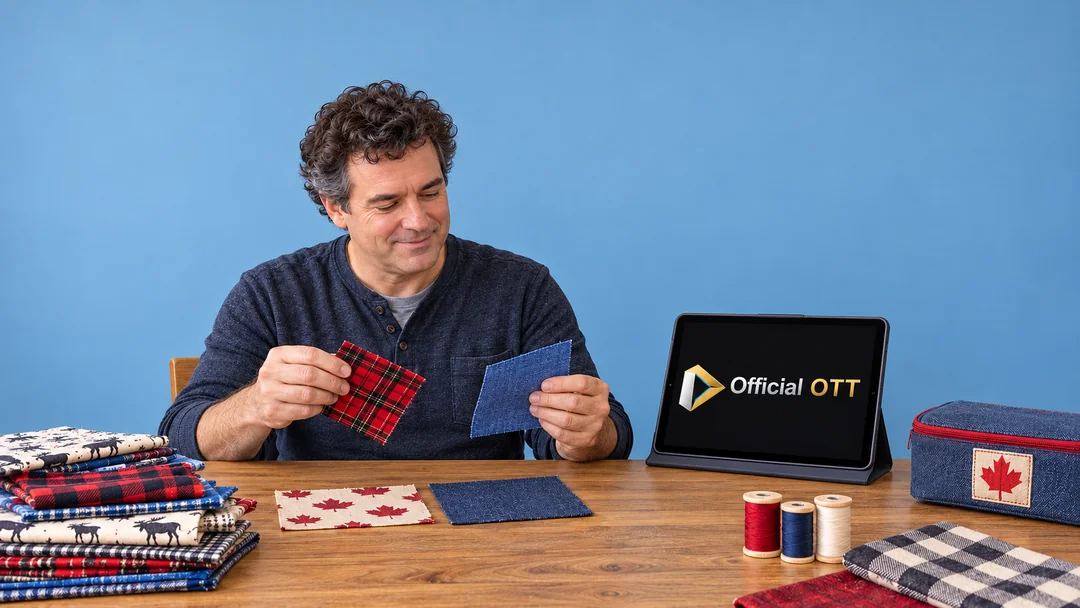 A man comparing two fabric squares beside a tablet and thread spools