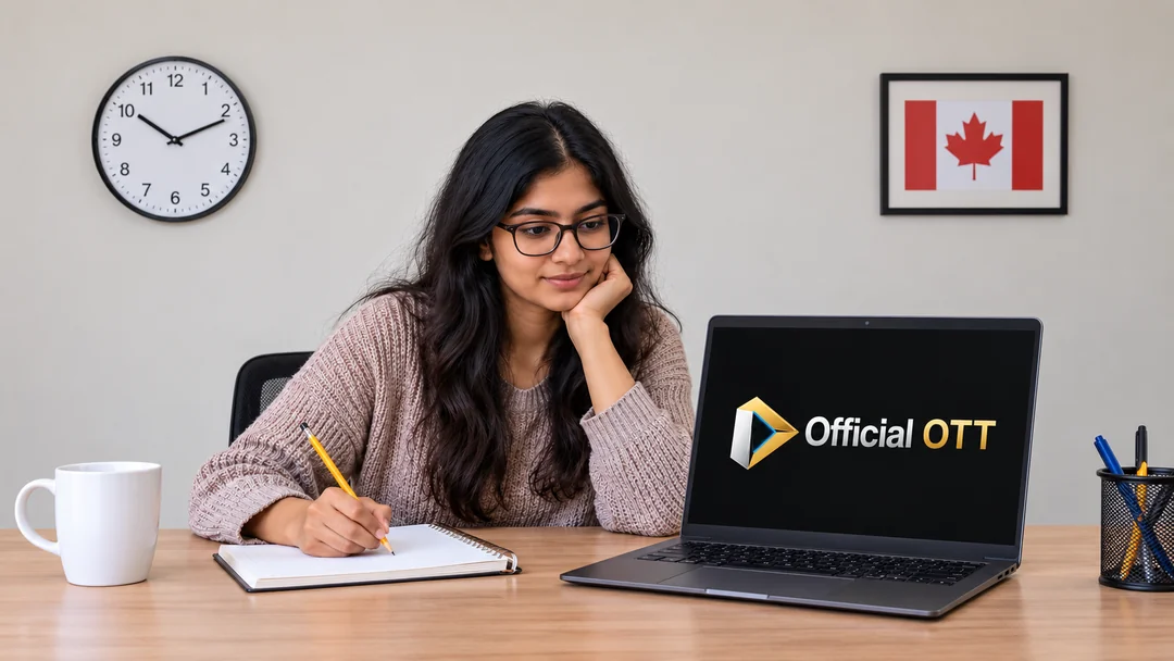 A woman writing pencil notes beside a laptop and framed Canadian flag