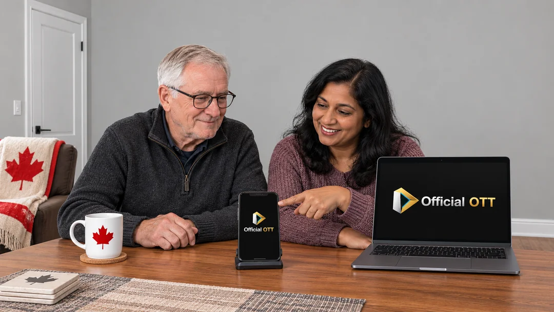 Two adults comparing a phone on a stand and a laptop at home