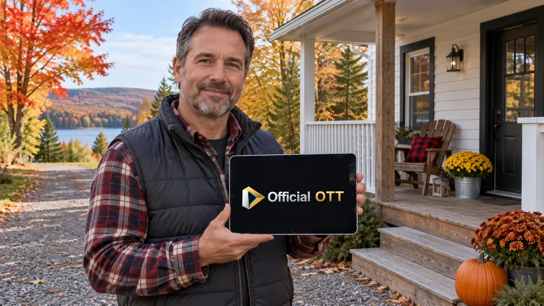 Adulte devant une maison rurale québécoise vérifiant des renseignements sur une tablette