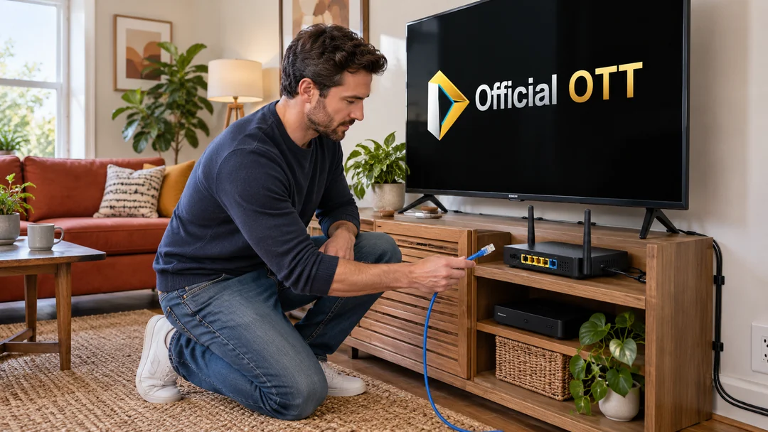 Personne comparant un câble Ethernet et un routeur sur une console de salon