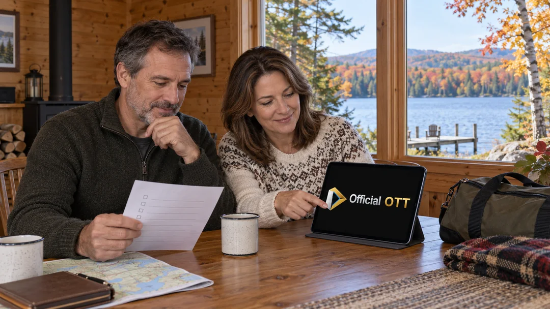 Couple préparant une tablette et une liste de séjour dans un chalet québécois