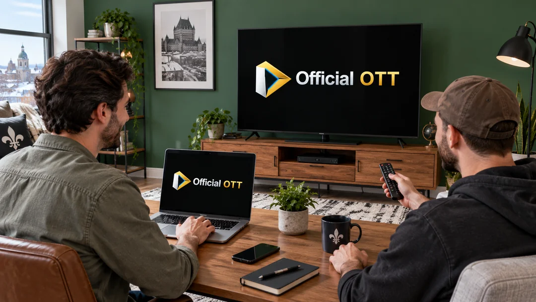 Deux adultes utilisant un ordinateur près du téléviseur pour préparer une connexion de compte