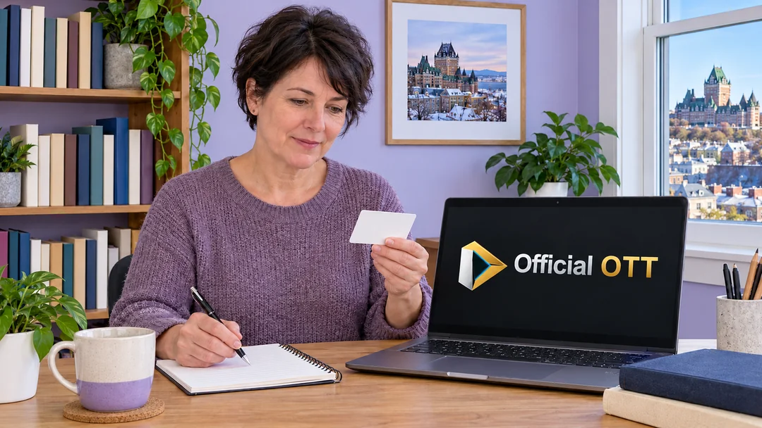 Une femme devant un ordinateur portable tenant une carte sans inscriptions