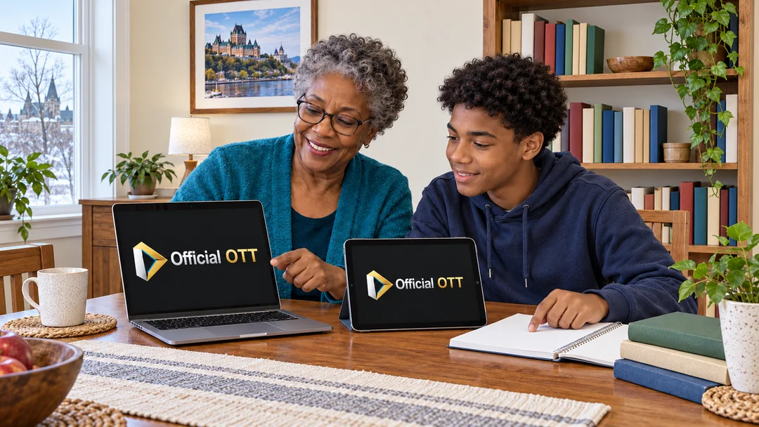 Une grand-mère et un adolescent comparant un ordinateur portable et une tablette