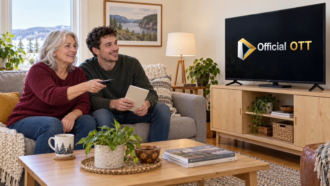 Une femme avec une télécommande et un jeune adulte avec un livret devant un téléviseur