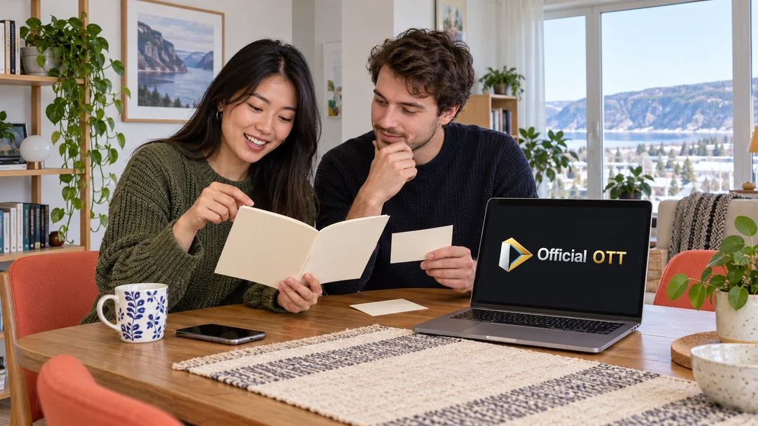 Deux adultes comparant un livret et des fiches près d’un ordinateur portable