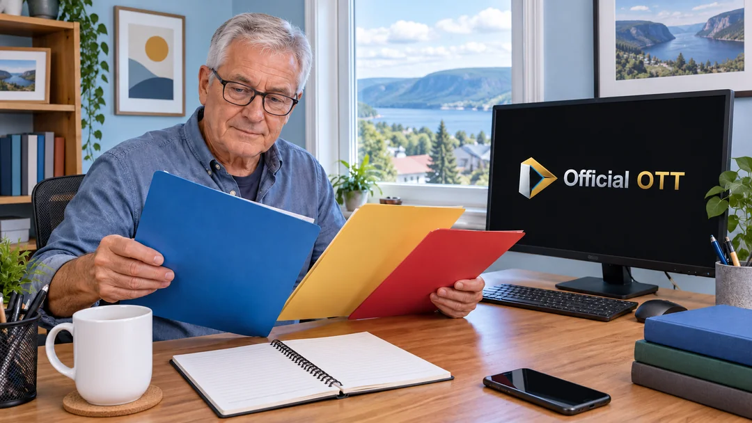 Un homme avec trois dossiers de couleurs près d’un écran et d’un carnet