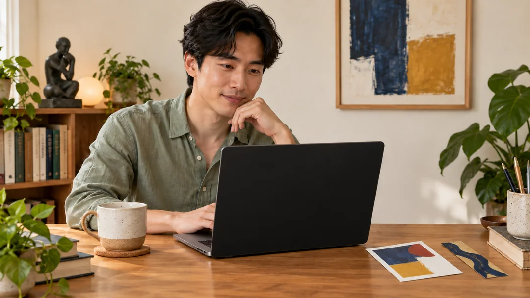 Un homme consultant un ordinateur portable à un bureau avec une carte illustrée