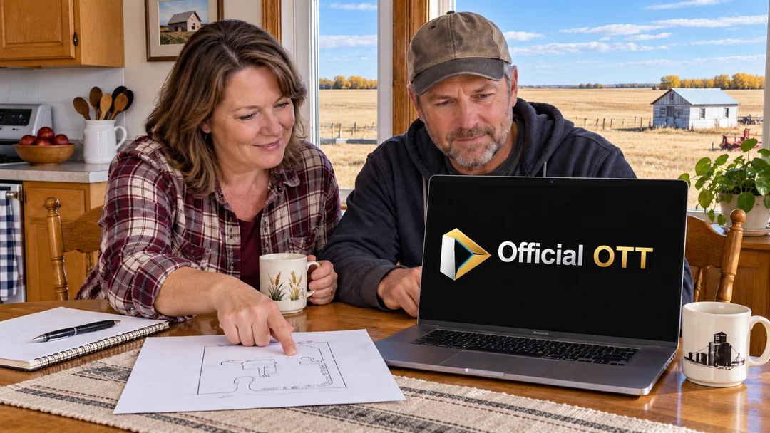 Two adults reviewing a property sketch beside a laptop