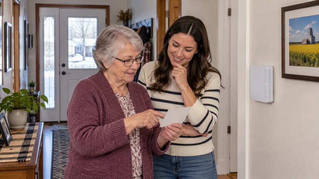 Two women reading an appointment card in a hallway