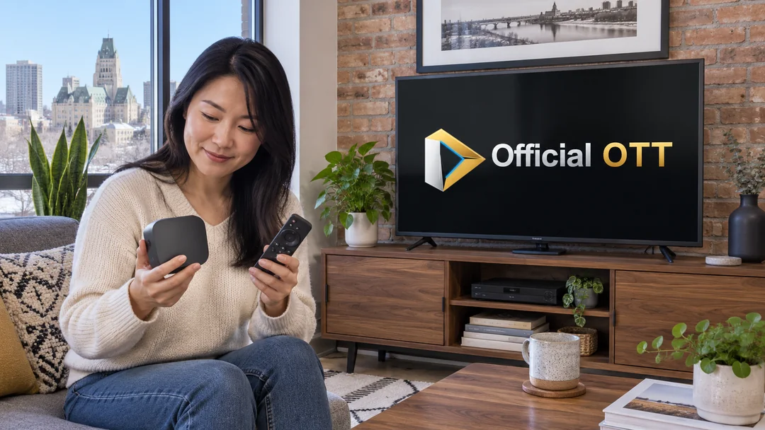 An adult inspecting a media player and remote beside a television