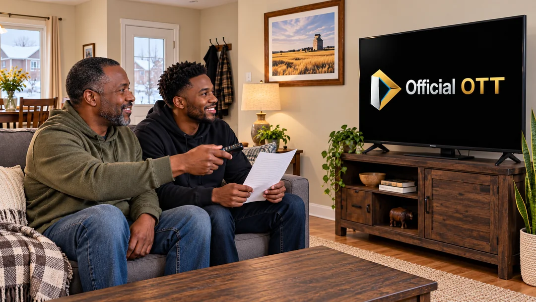 Two adults choosing a programme using a remote and list