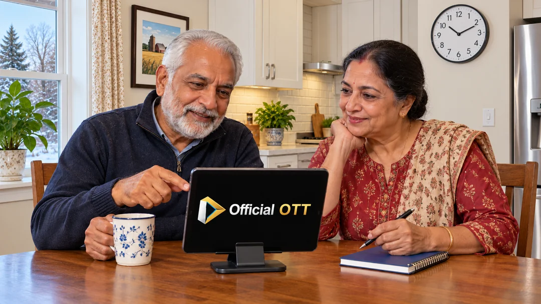 Two adults consulting a tablet with a clock behind them