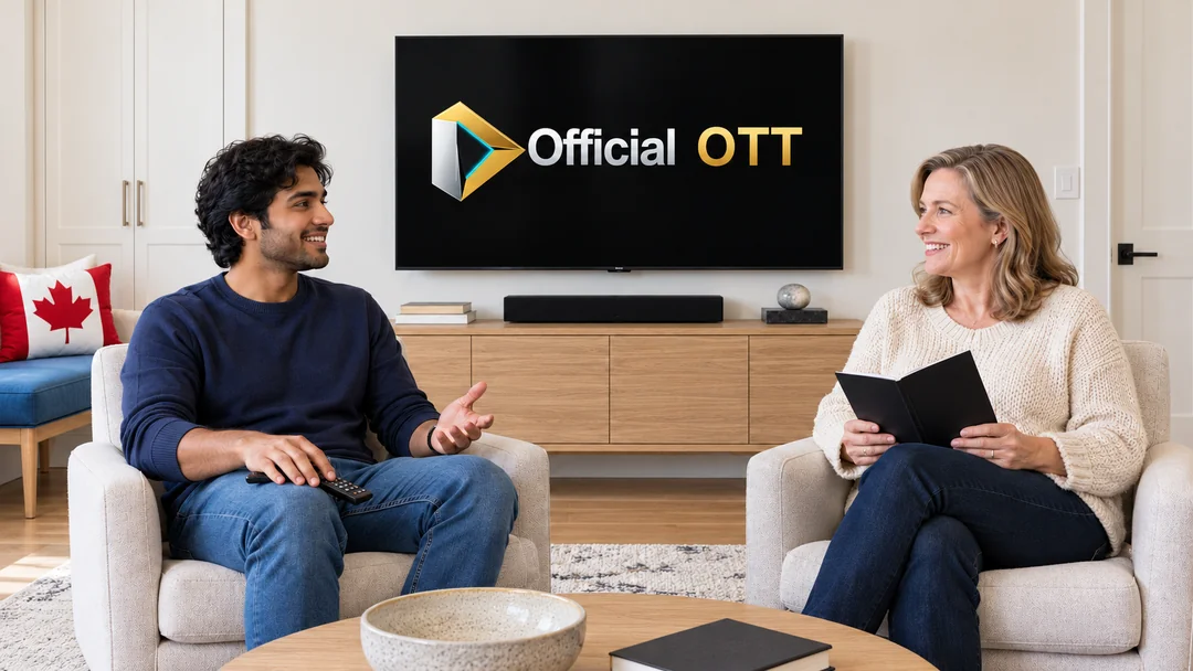 Deux adultes discutant d’un programme devant un téléviseur dans un salon