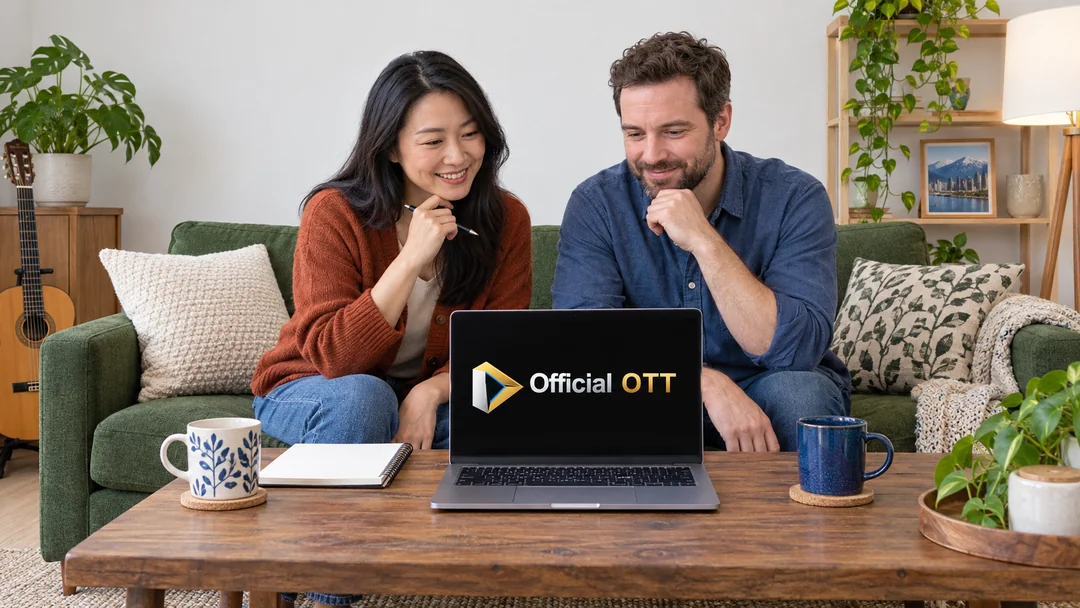 Two adults plan a music evening beside a laptop in their living room