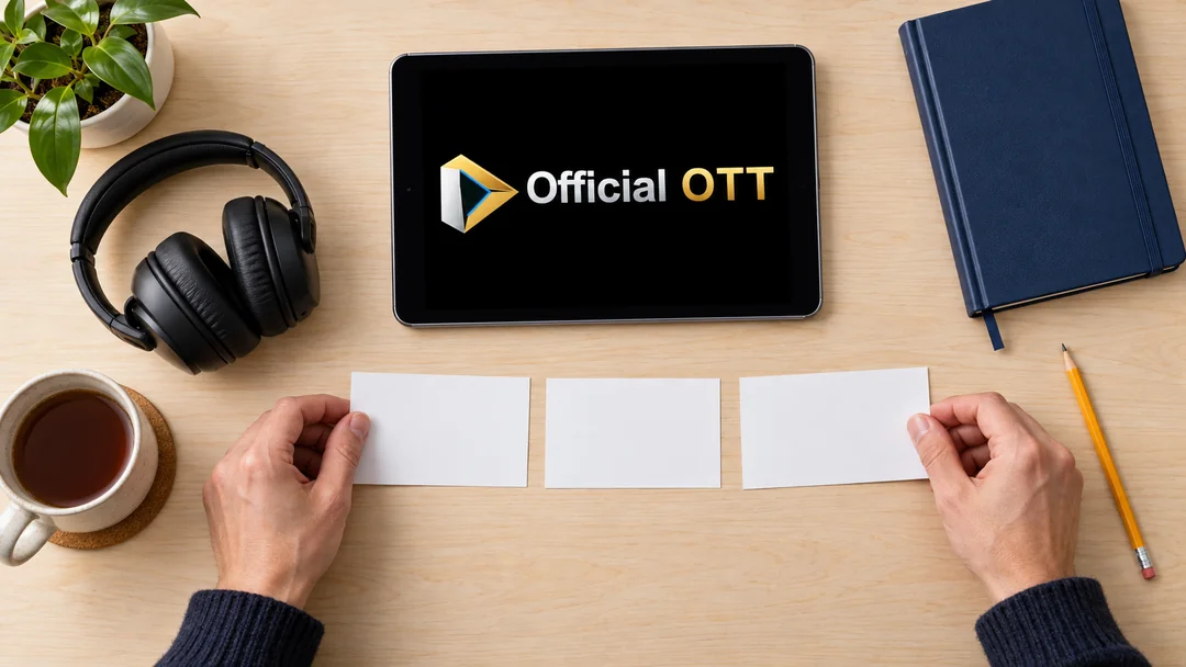 Hands arrange three blank cards beside a tablet and headphones